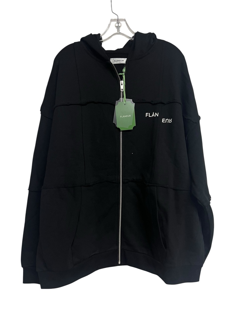 FLÂNEUR Black Cut & Sew Zip-Up Hoodie Sweater